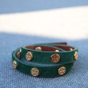 Tory Burch Logo-Studded Calf-Hair Leather Emerald Wrap Bracelet